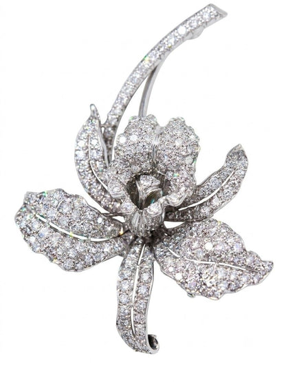 Edwardian Platinum Orchid Brooch, 5.0 Ct Old Mine Cut Diamonds, Italy