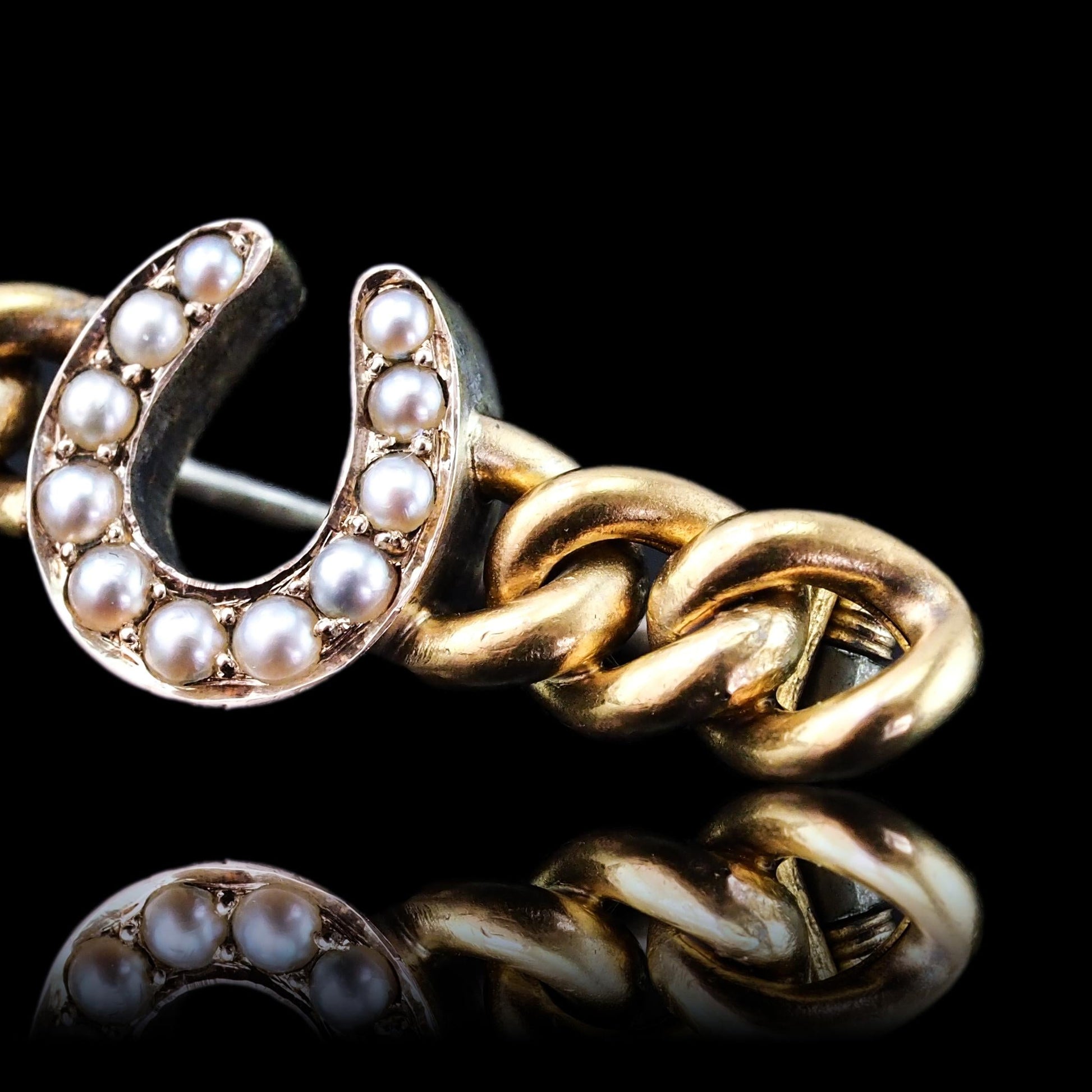 Antique Victorian Horseshoe Pearl Brooch 15K Gold - c.1900