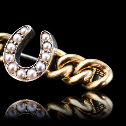 Antique Victorian Horseshoe Pearl Brooch 15K Gold - c.1900