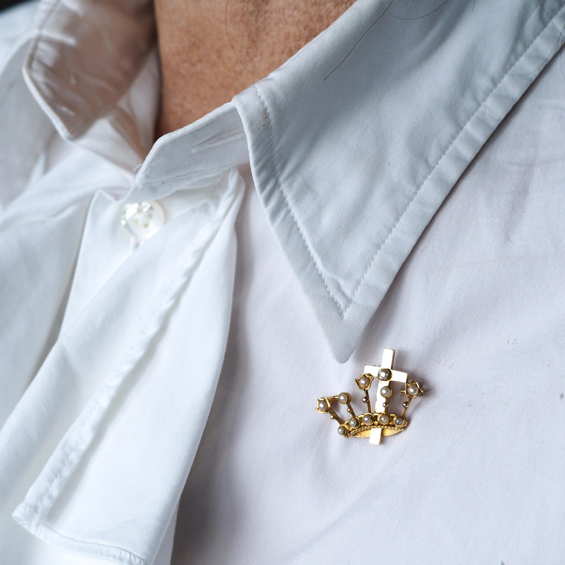 Antique Crown/Coronet Brooch Diamond & Pearls with Cross 15K Gold - c.1890
