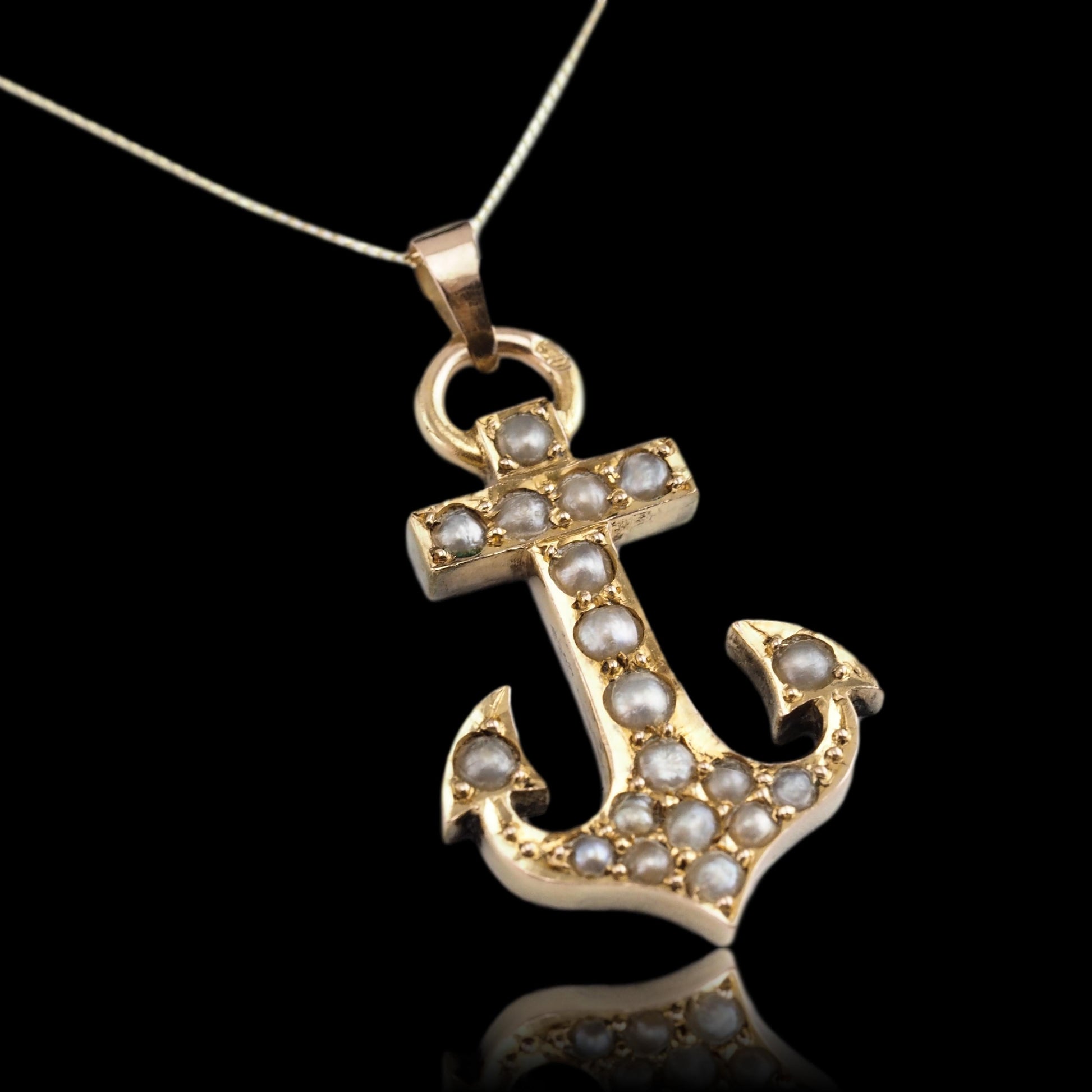 Antique Victorian Pearl Anchor Pendant Necklace 15K Gold - c.1900