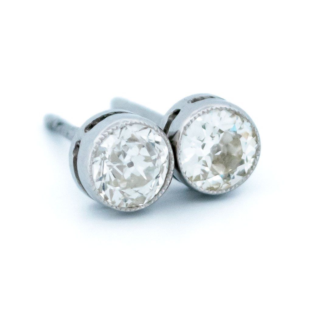 Antique Vintage 1.10ct Old Mine Cut Diamond Solitaire Stud Earrings in Platinum