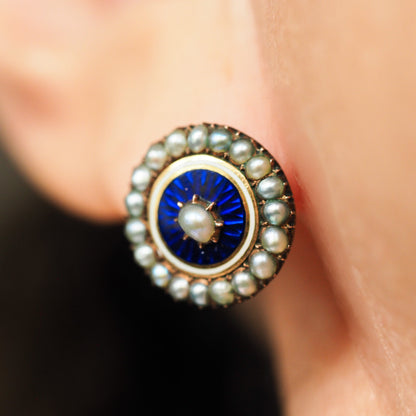 Antique Georgian Gold Earrings with Blue Enamel Guilloche and Seed Pearl Cluster 'Target' Design - c.1800