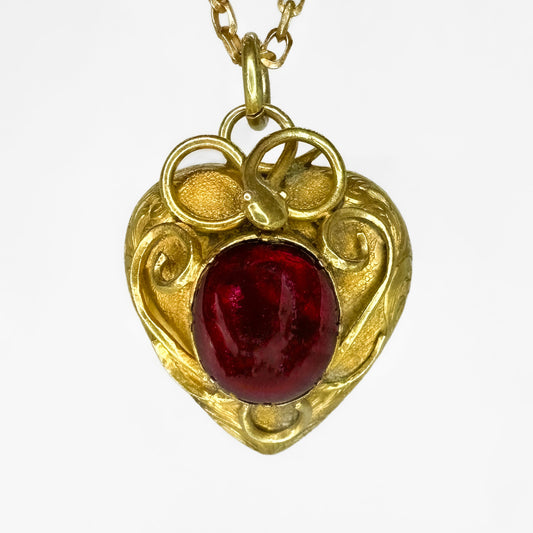 Victorian Antique Cabochon Garnet Heart Pendant in 15ct Gold