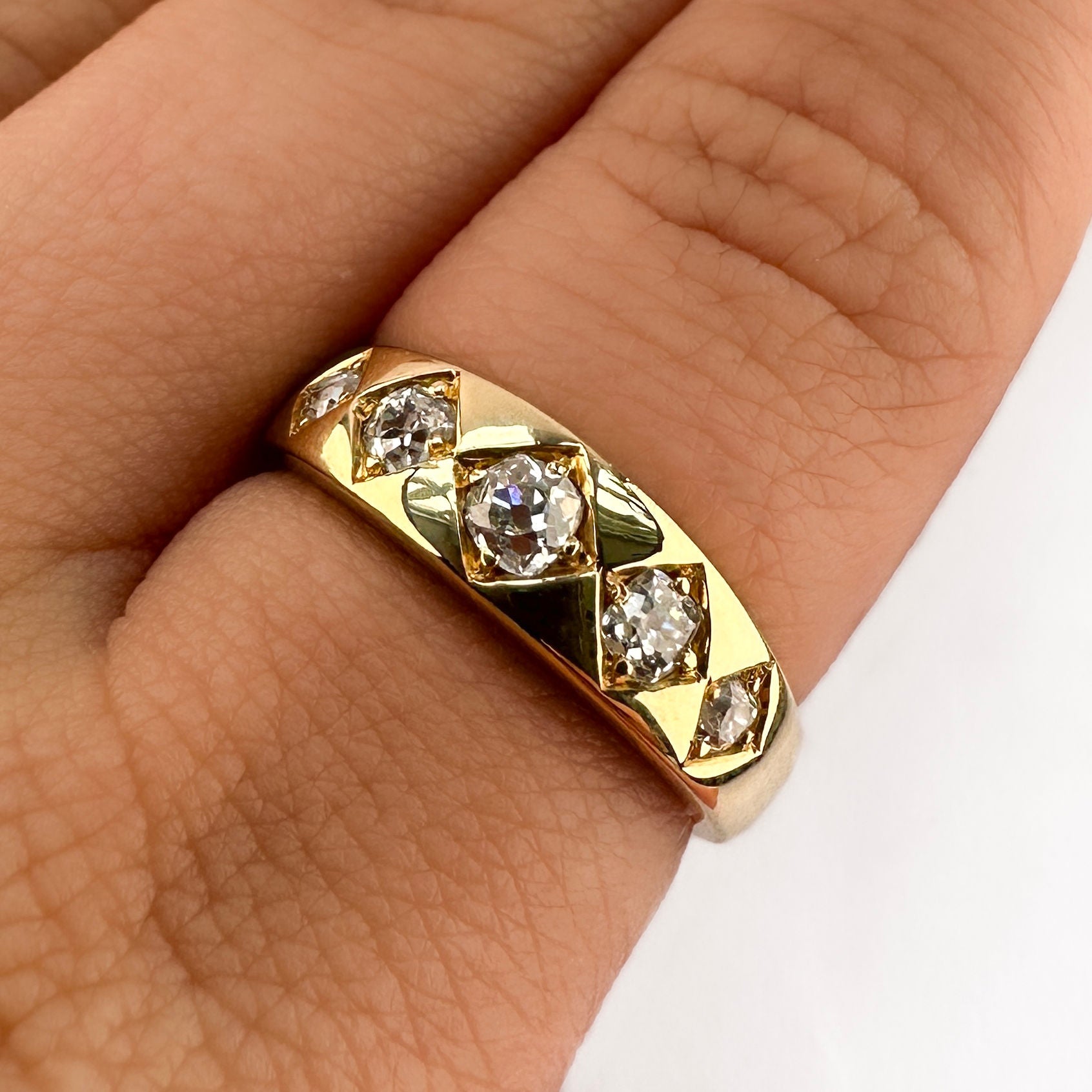 Victorian Antique Cushion Old Cut Diamond Five Stone Ring in 18ct Gold