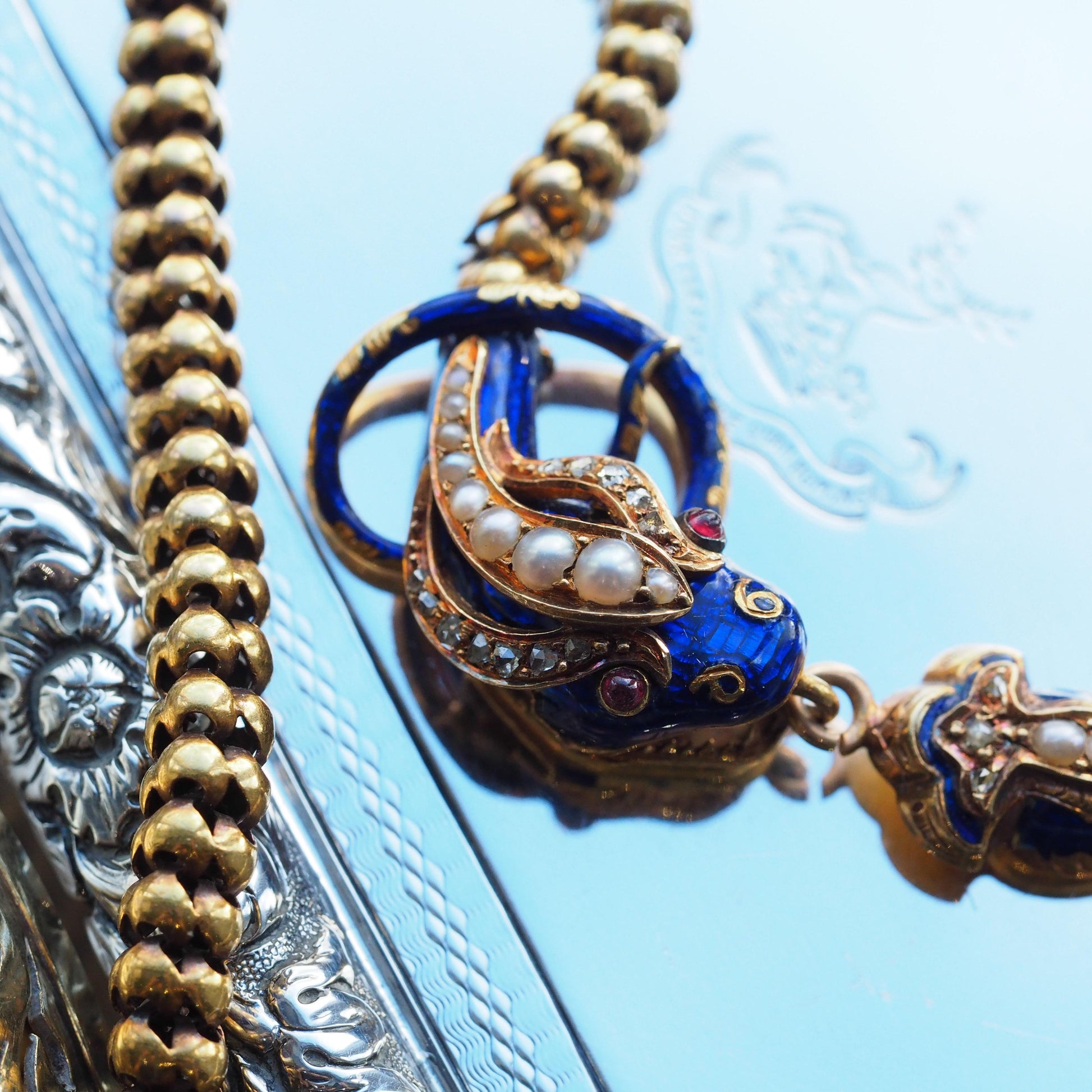 Victorian Antique Gold Snake Serpent Necklace with Diamond Pearl and Blue Enamel, Circa 1860