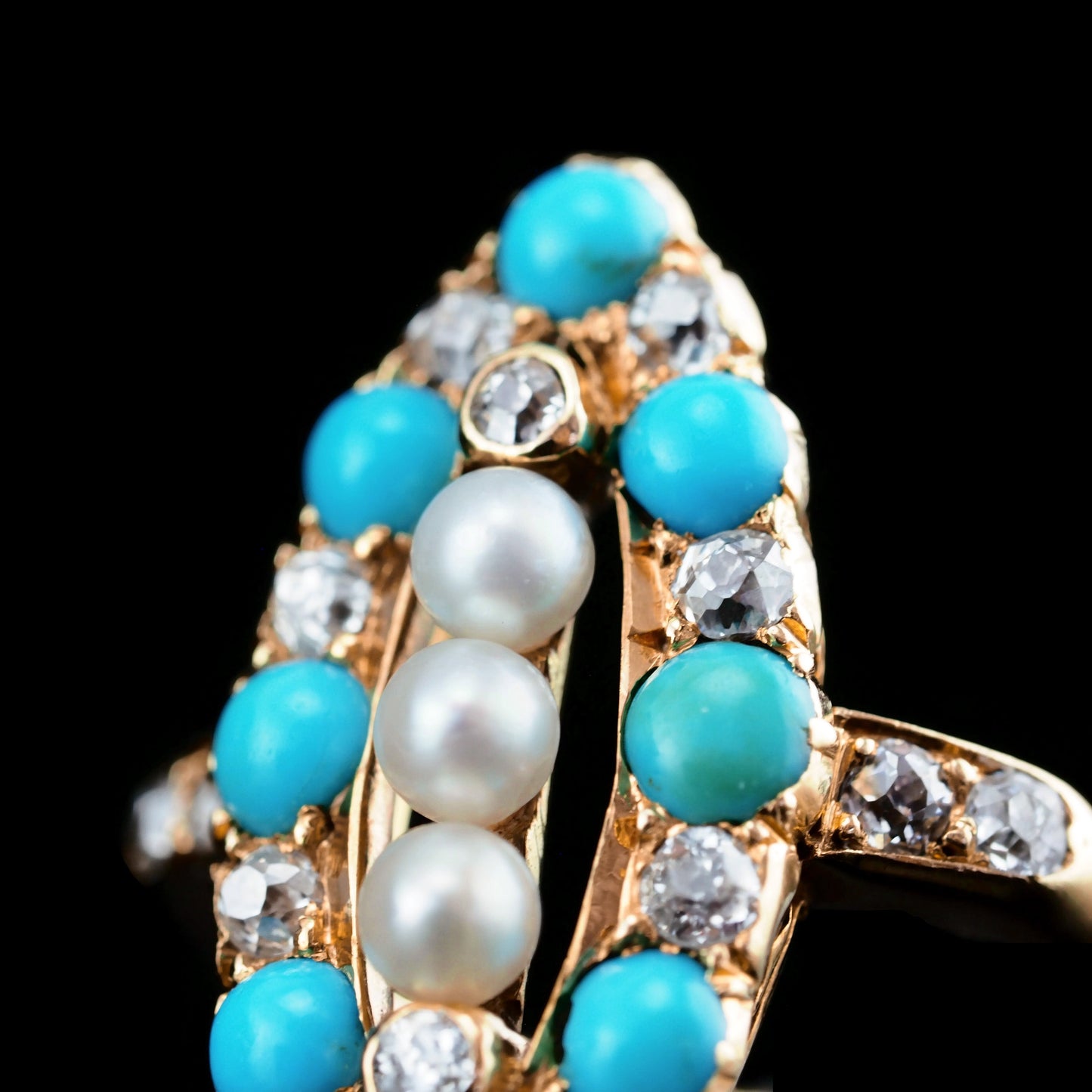 Victorian Antique Victorian Turquoise Pearl Diamond Navette Marquise Cluster Ring Circa 1880
