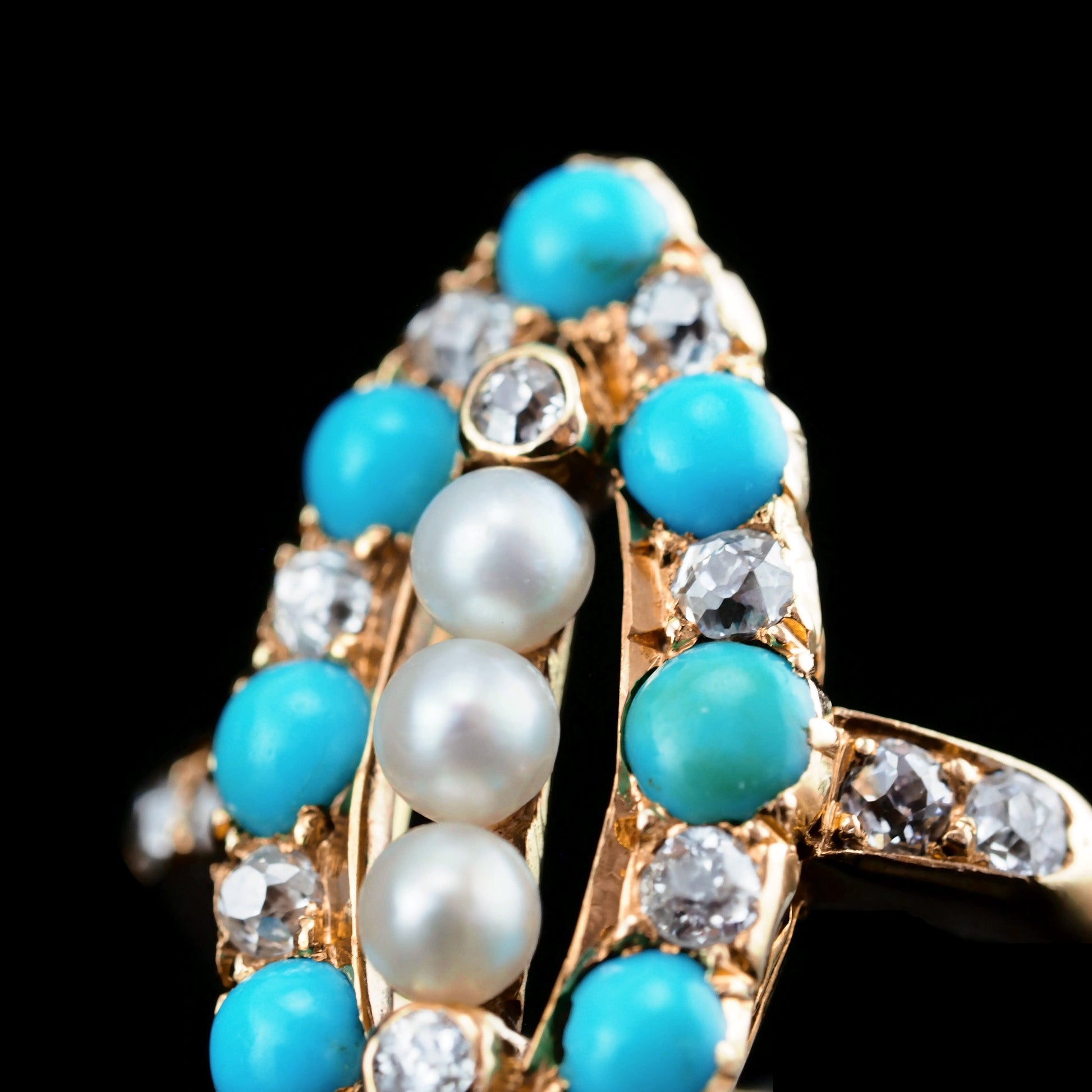 Victorian Antique Victorian Turquoise Pearl Diamond Navette Marquise Cluster Ring Circa 1880