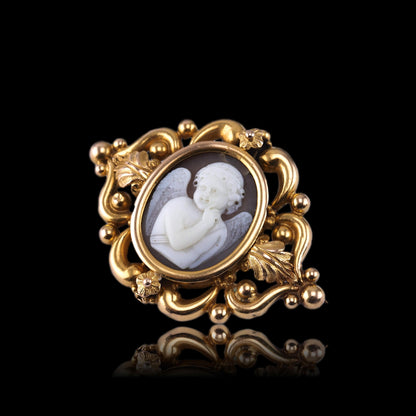Antique Victorian Cherub Cameo Brooch 18K Gold Ornate Frame - c.1860