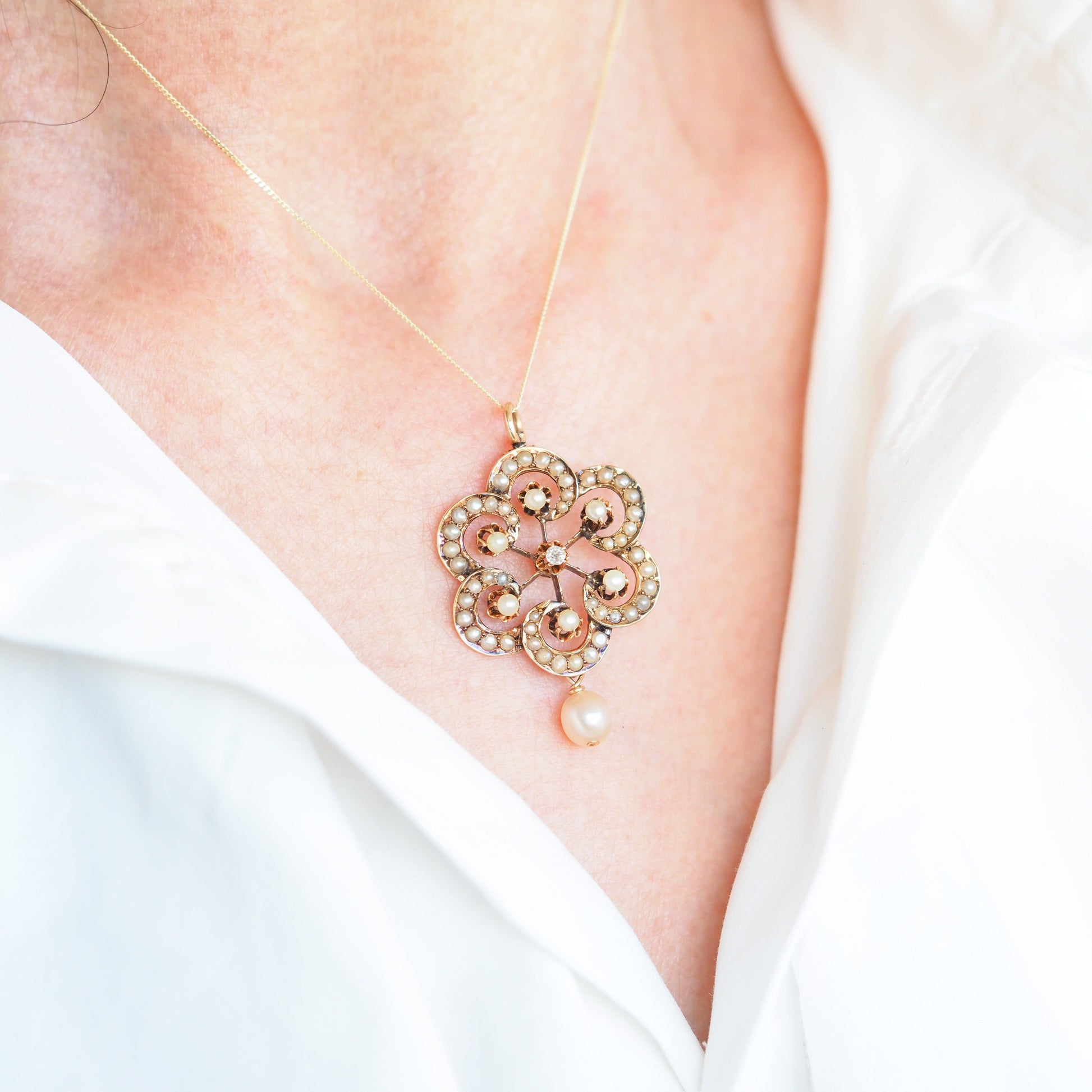 Antique Victorian Diamond & Pearl Pendant Necklace 14K Gold - c.1900