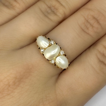 Victorian Antique Natural Pearl Three Stone Ring with Diamonds