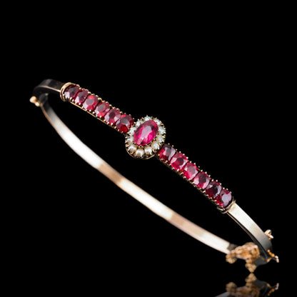 Antique Pink Garnet and Seed Pearl Bangle Bracelet