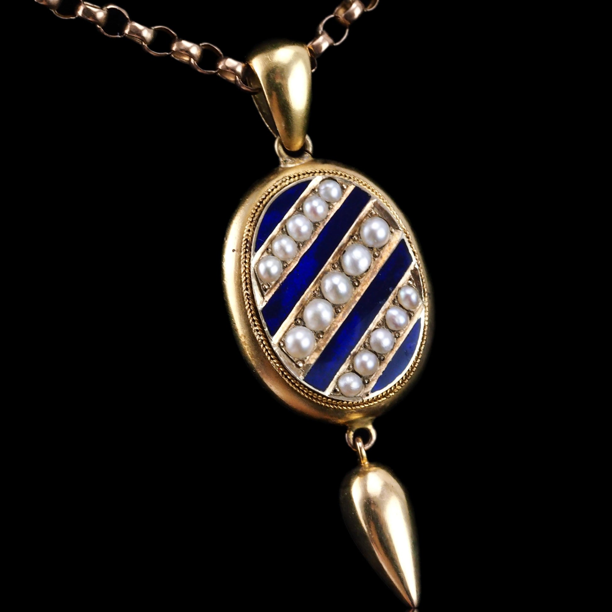 Antique Victorian 15ct Gold Blue Enamel and Pearl Pendant Locket Necklace - c.1880