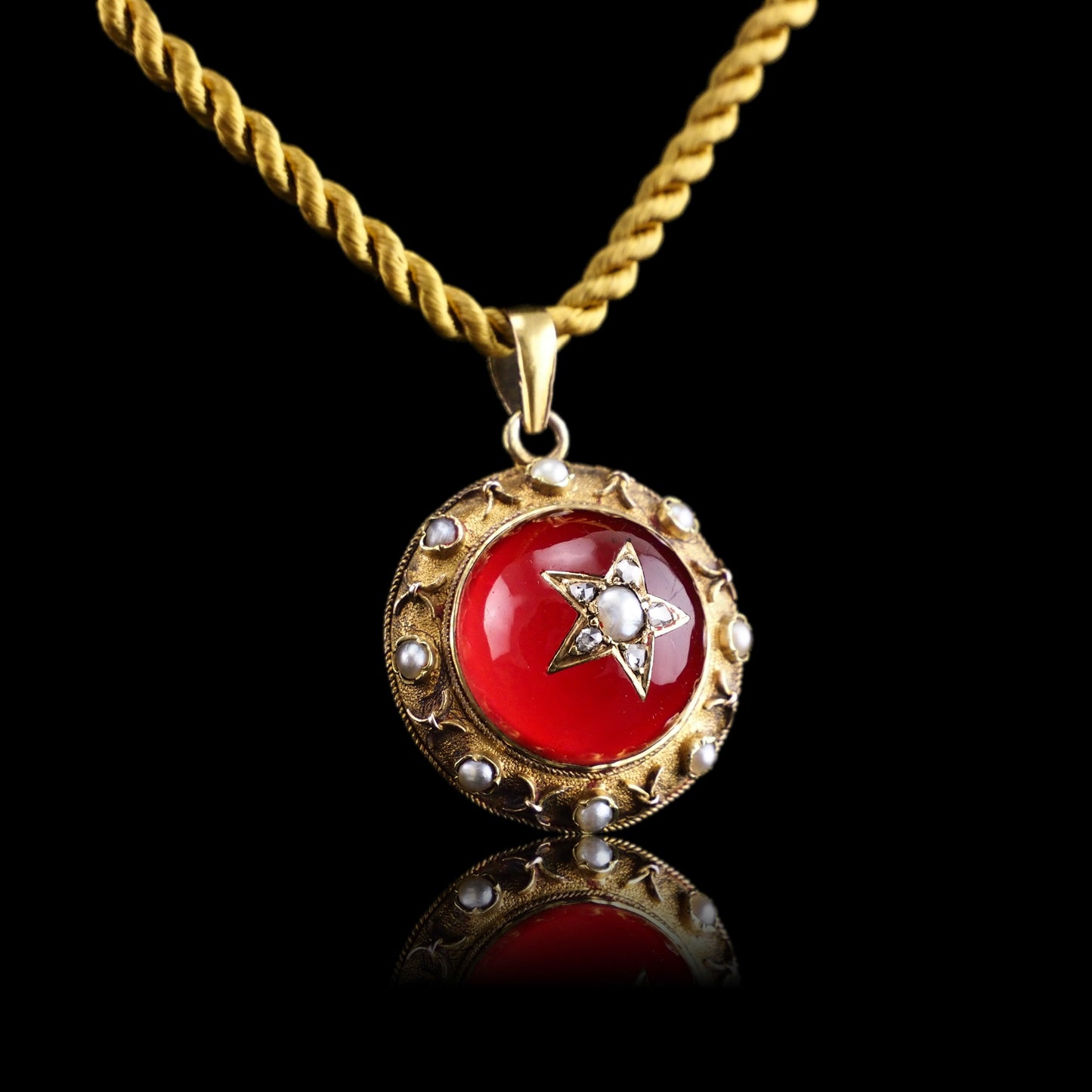 Antique Victorian Diamond & Pearl Star Necklace with Red Rock Crystal Cabochon 15ct Gold - c.1880