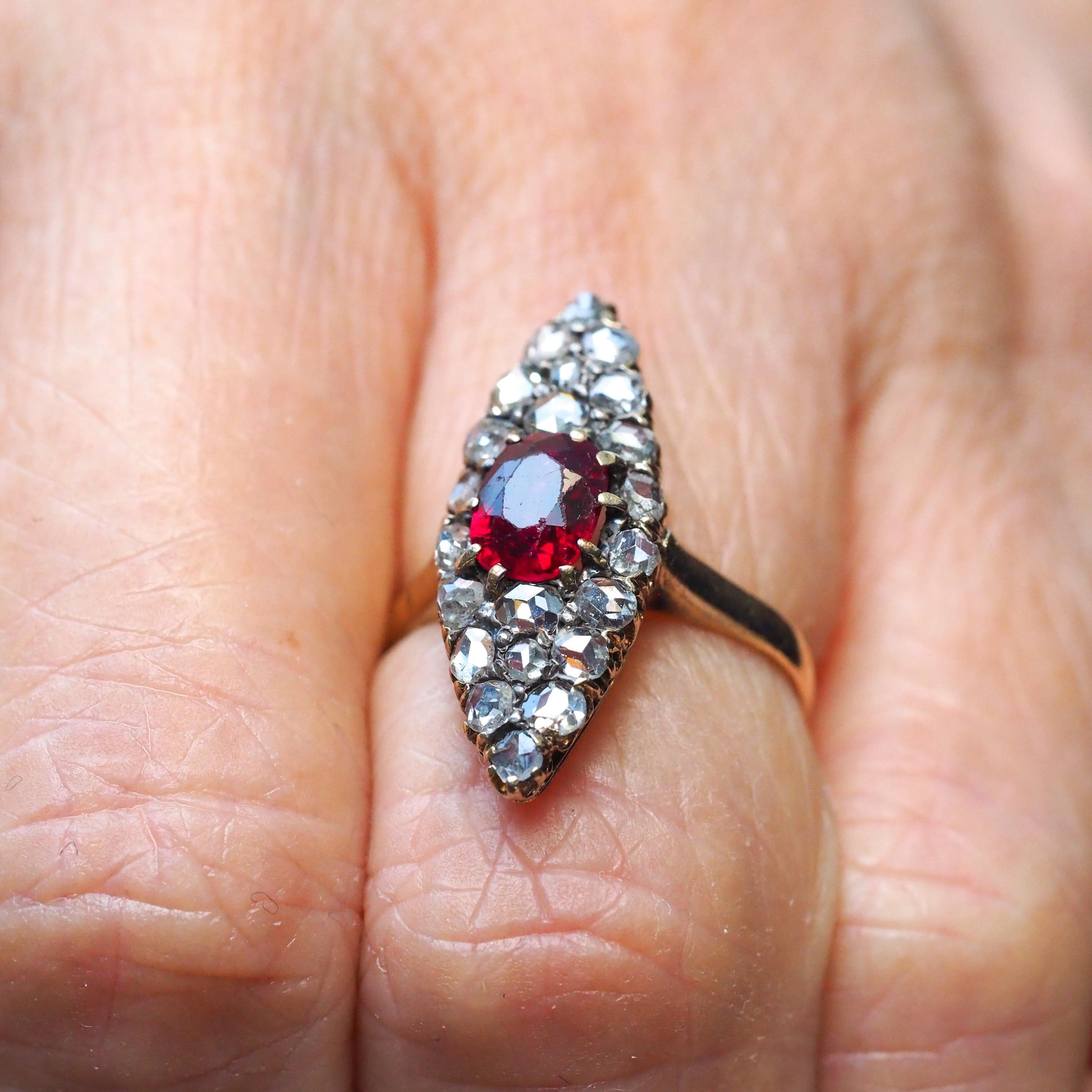 Antique French Natural No Heat Ruby and Old Cut Diamond Navette Cluster Ring, Circa 1890