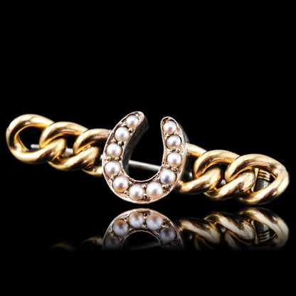 Antique Victorian Horseshoe Pearl Brooch 15K Gold - c.1900