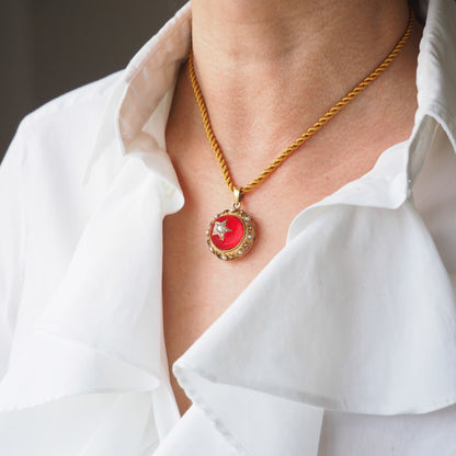 Antique Victorian Diamond & Pearl Star Necklace with Red Rock Crystal Cabochon 15ct Gold - c.1880