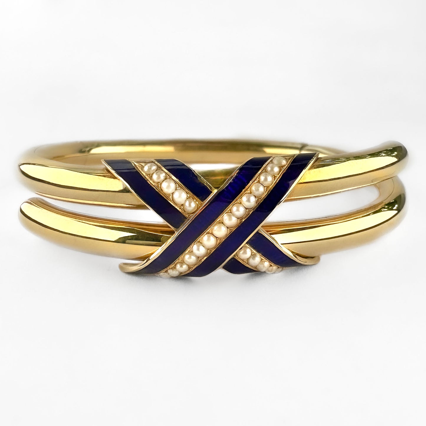Victorian Antique Blue Enamel Pearl Gold Bangle Bracelet