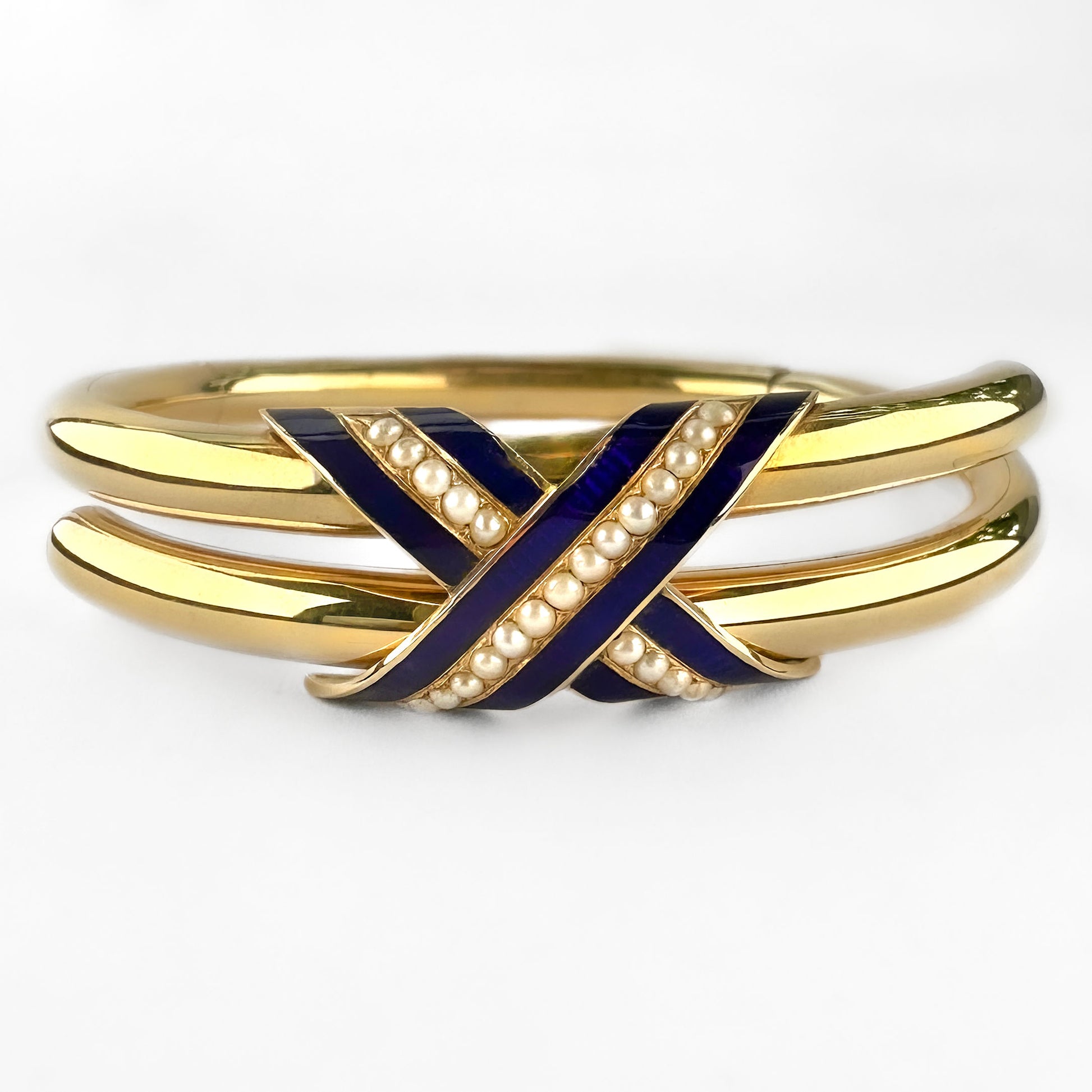 Victorian Antique Blue Enamel Pearl Gold Bangle Bracelet
