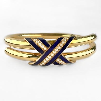 Victorian Antique Blue Enamel Pearl Gold Bangle Bracelet