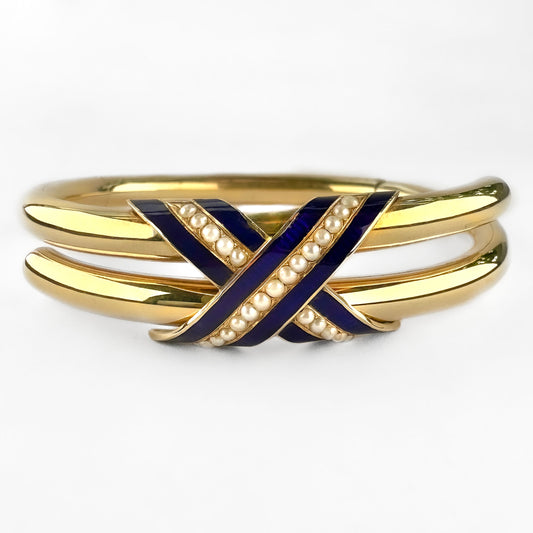 Victorian Antique Blue Enamel Pearl Gold Bangle Bracelet