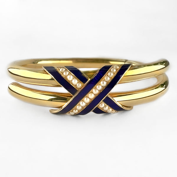 Victorian Antique Blue Enamel Pearl Gold Bangle Bracelet