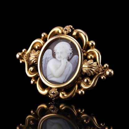 Antique Victorian Cherub Cameo Brooch 18K Gold Ornate Frame - c.1860