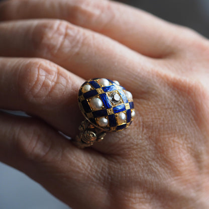 Victorian Antique Blue Enamel Diamond and Pearl Ring