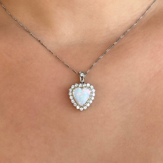 Antique Vintage Opal and Diamond Heart Cluster Pendant, 1.40 carats