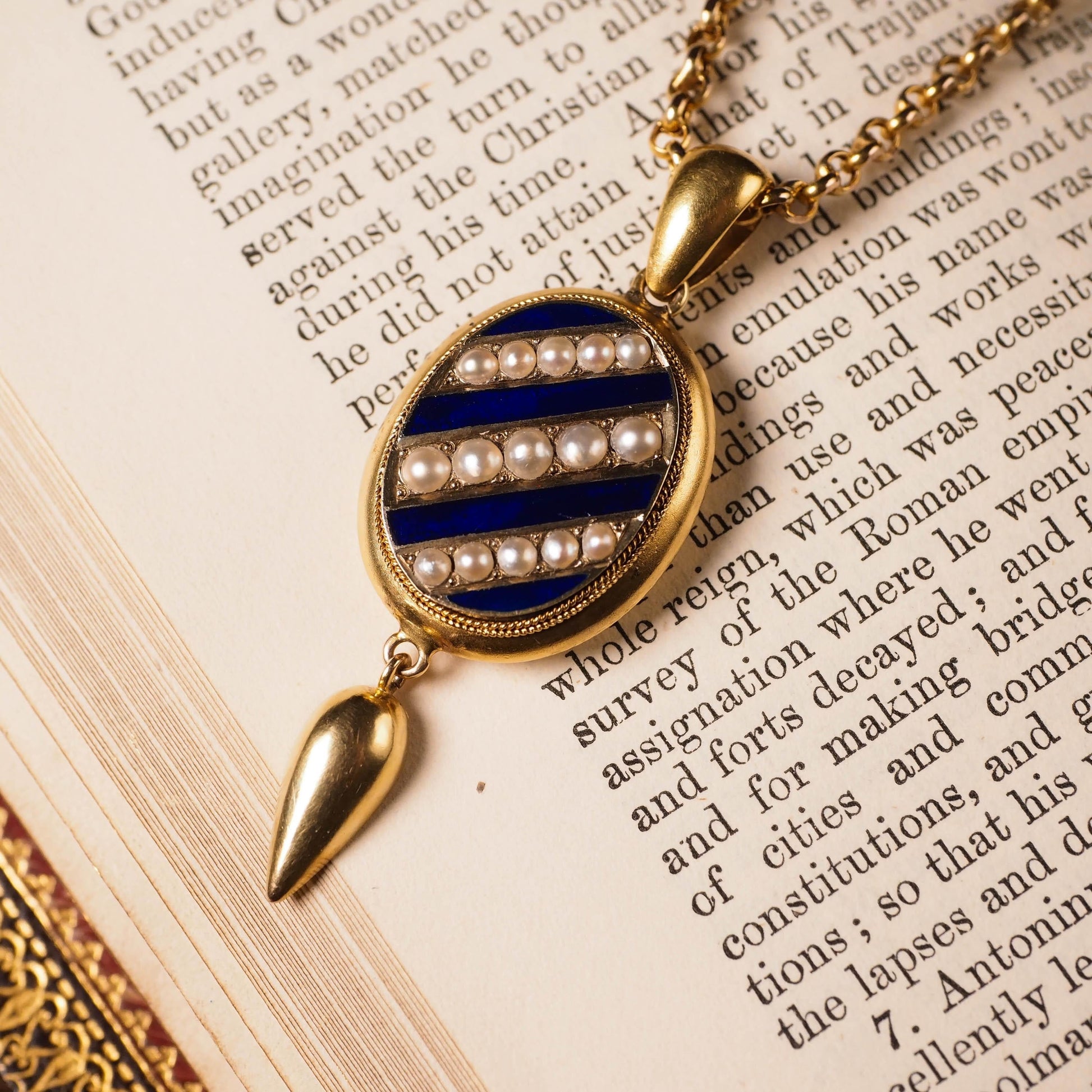 Antique Victorian 15ct Gold Blue Enamel and Pearl Pendant Locket Necklace - c.1880