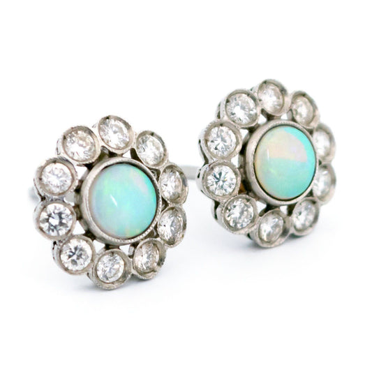 Opal and Diamond Cluster Stud Earrings in Platinum