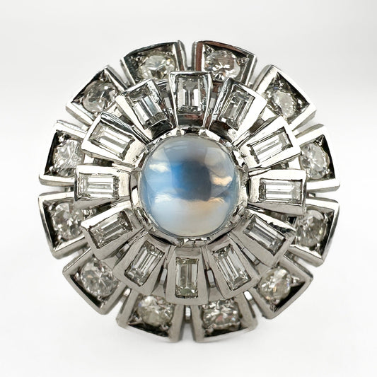 Vintage 1960s Moonstone and Diamond Cluster Cocktail Ring in Platinum