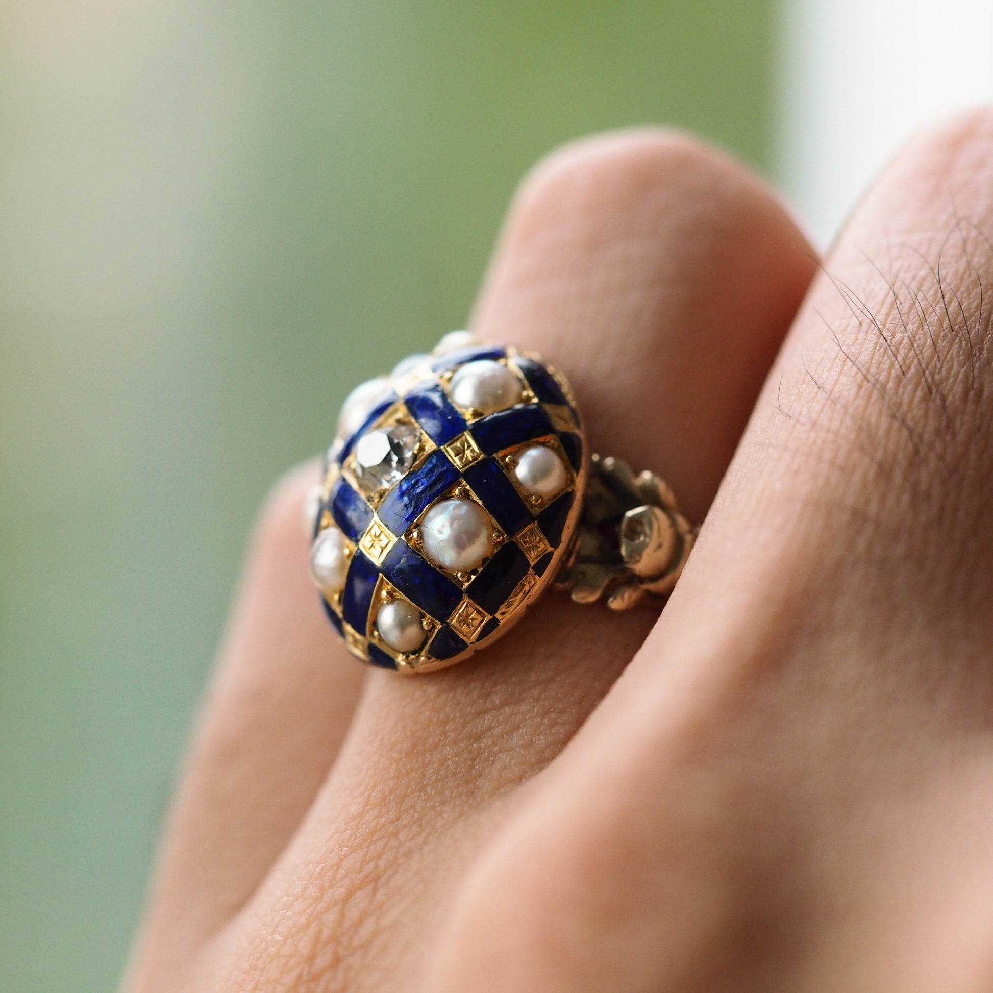Victorian Antique Blue Enamel Diamond and Pearl Ring