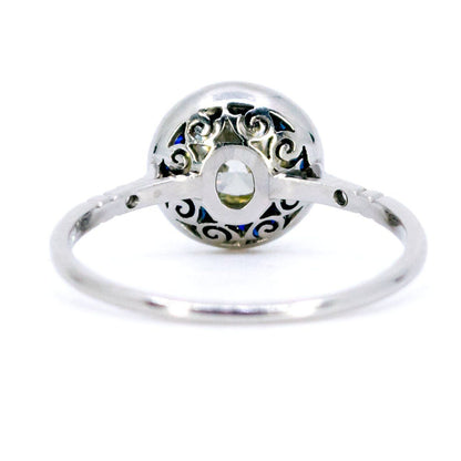 1ct Old European Cut Diamond and Sapphire Halo Target Cluster Ring in Platinum