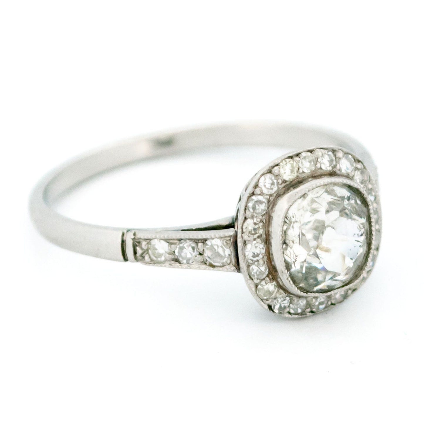 Cushion-Cut Diamond and Platinum Halo Target Cluster Ring, 0.91 Carat Centre