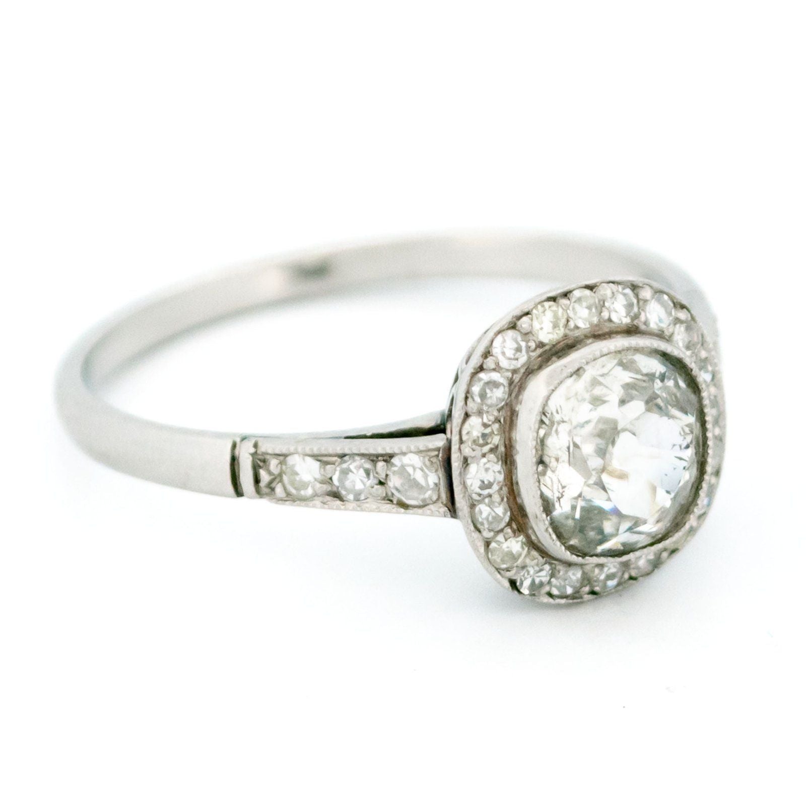 Cushion-Cut Diamond and Platinum Halo Target Cluster Ring, 0.91 Carat Centre
