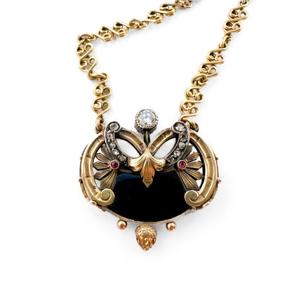 Antique French Art Nouveau Black Onyx and Diamond Pendant Necklace with Ruby