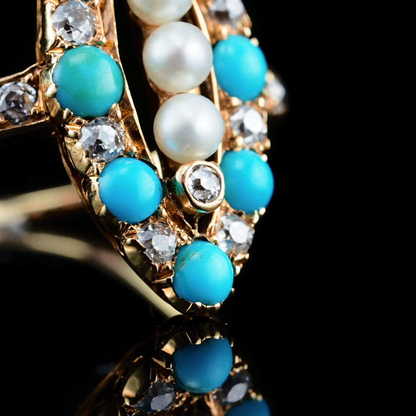 Victorian Antique Victorian Turquoise Pearl Diamond Navette Marquise Cluster Ring Circa 1880