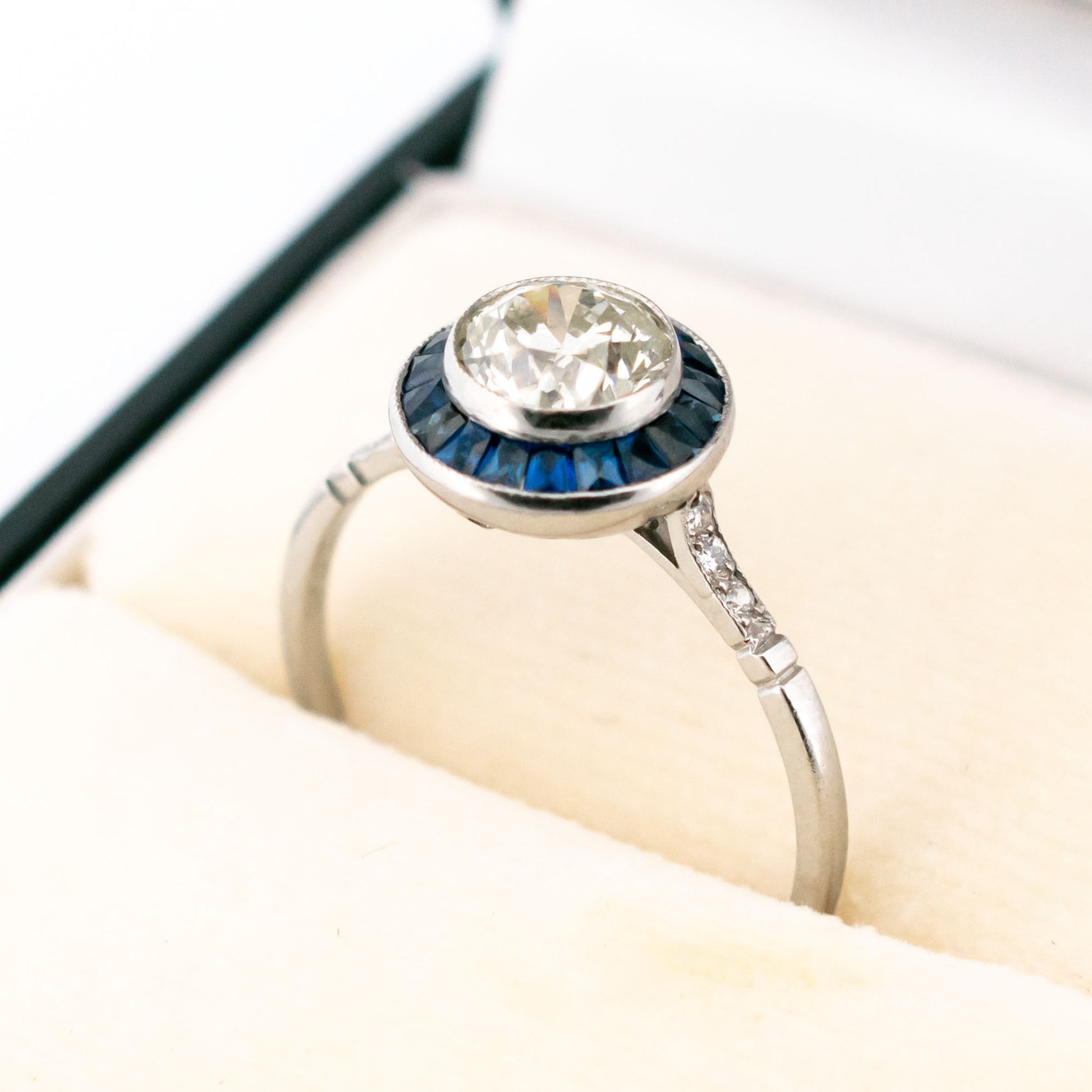 1ct Old European Cut Diamond and Sapphire Halo Target Cluster Ring in Platinum