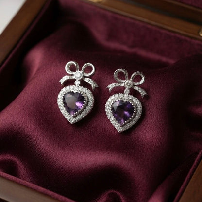 Vintage 18K White Gold Heart Amethyst & Diamond Earrings