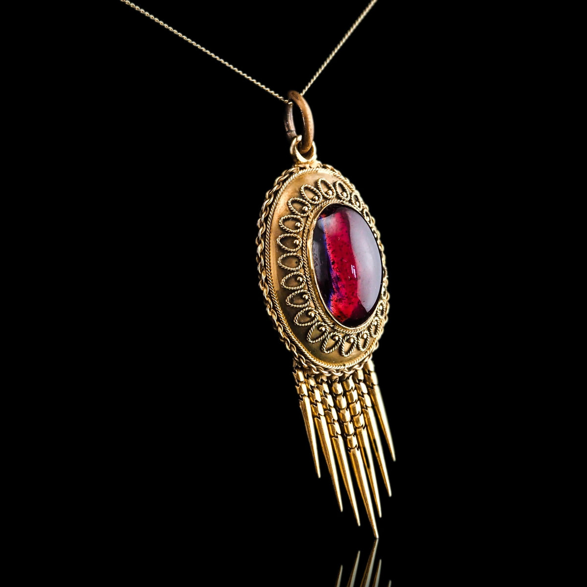 Antique Victorian Garnet Etruscan Revival Pendant Necklace 15K Gold - c.1880