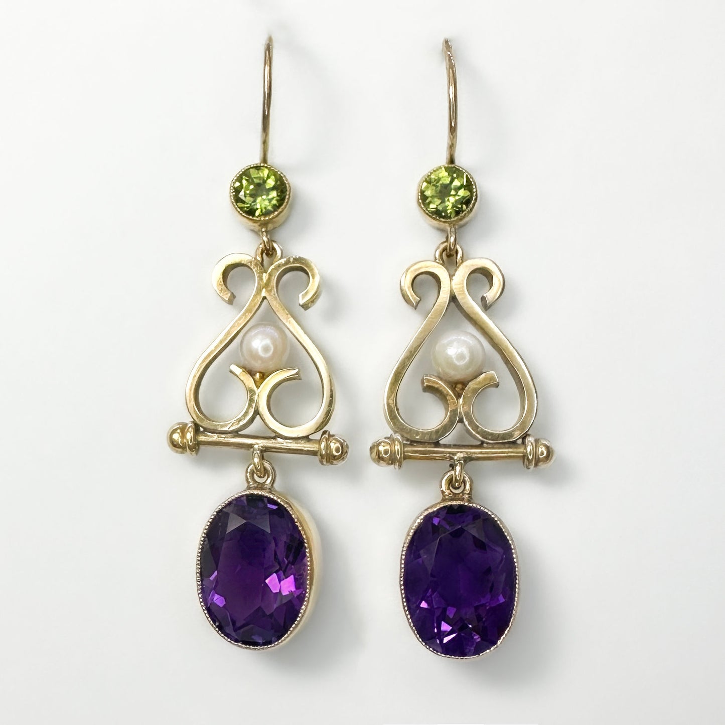 Antique Suffragette Amethyst Peridot and Pearl Drop Earrings