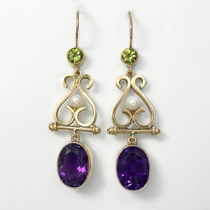 Antique Suffragette Amethyst Peridot and Pearl Drop Earrings