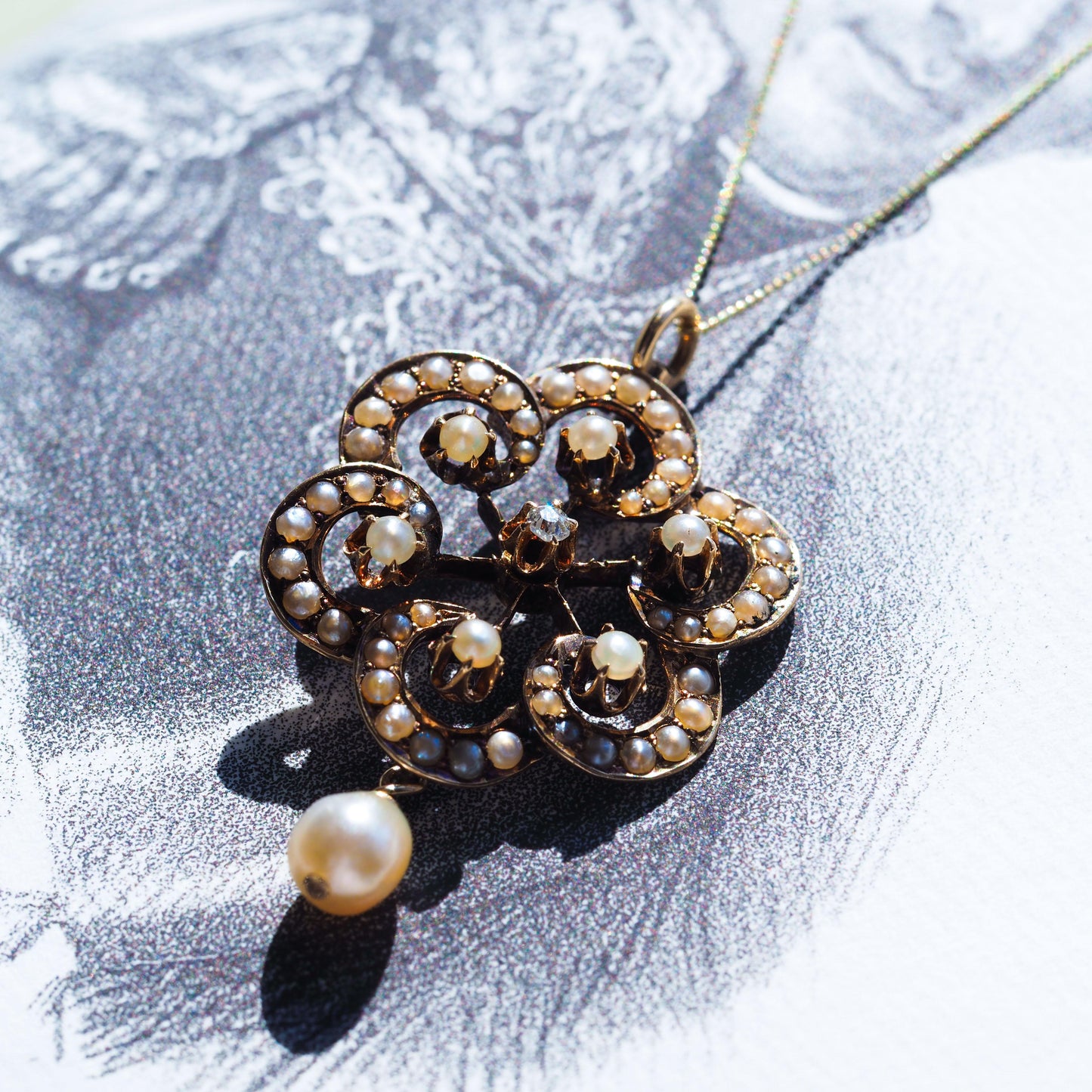 Antique Victorian Diamond & Pearl Pendant Necklace 14K Gold - c.1900