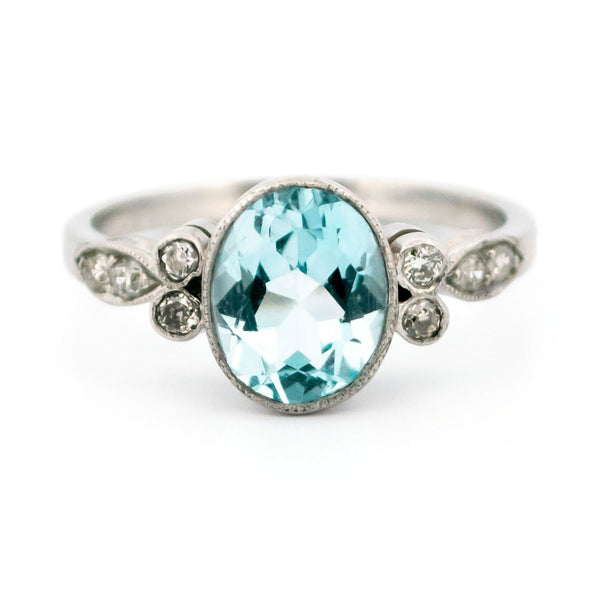 Oval Aquamarine, Old Mine-Cut Diamond and Platinum Ring, 2.30 Carats