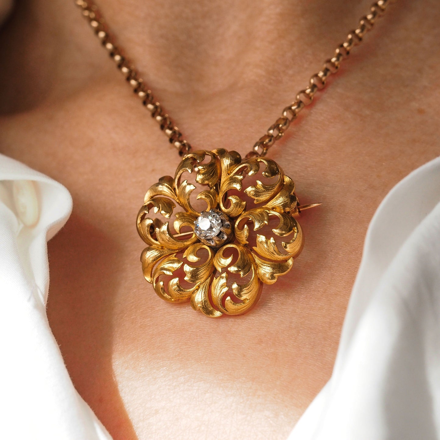 Antique French Diamond Set 18ct Gold Floral Acanthus Pendant Necklace Brooch