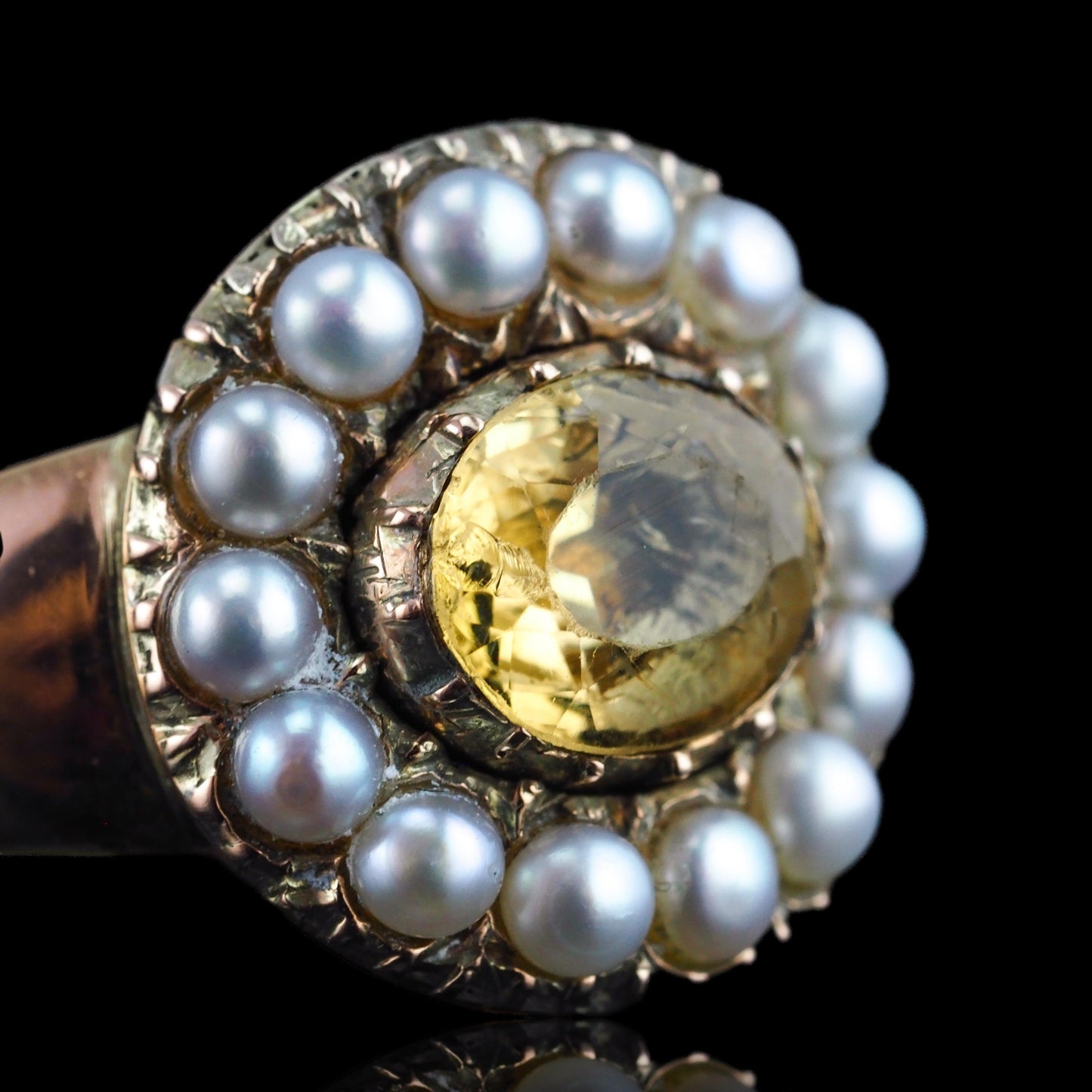 Georgian Antique Citrine and Pearl Cluster Ring