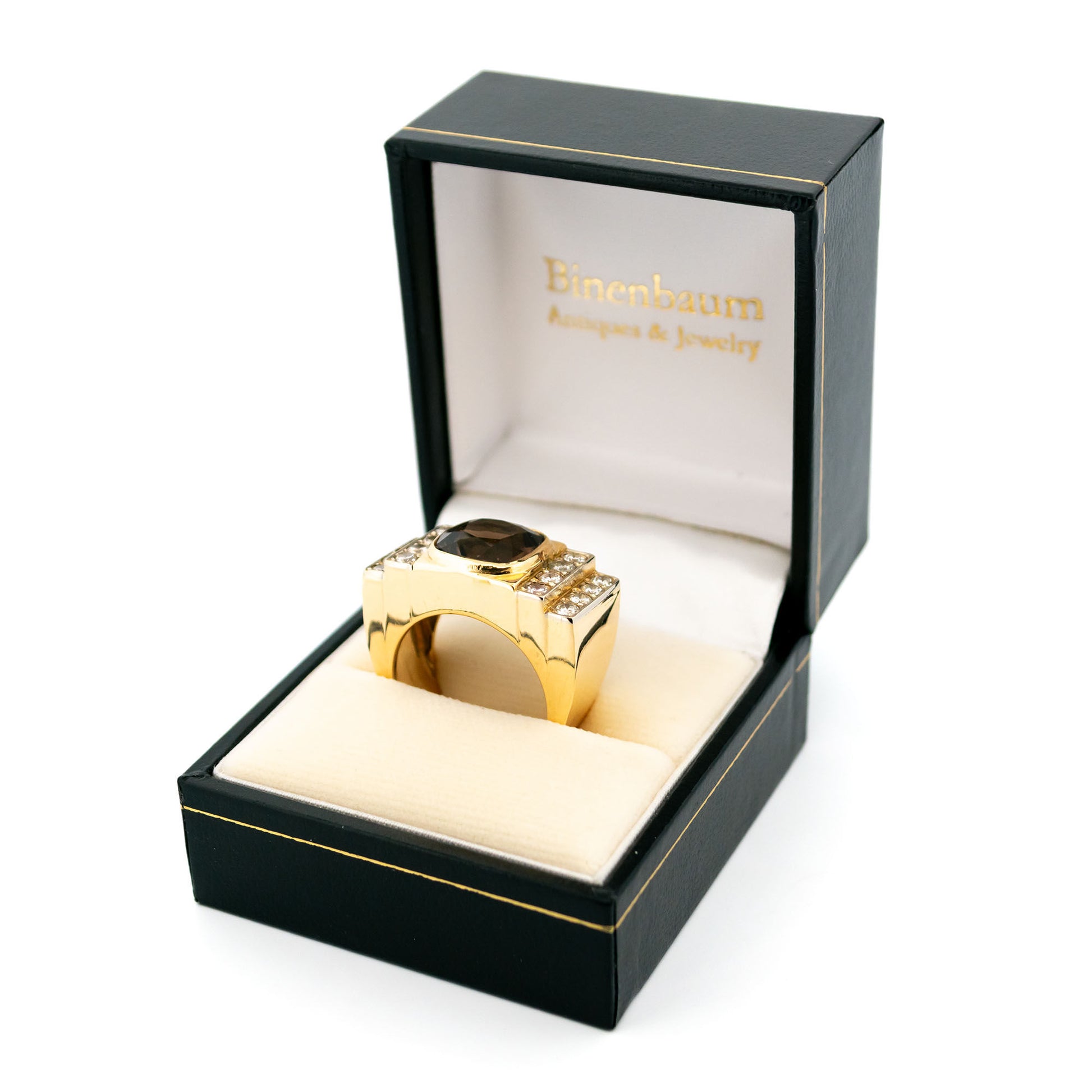 18 Carat Yellow Gold Smokey Quartz and Diamond Tank Style Ring, 5.00 Carats