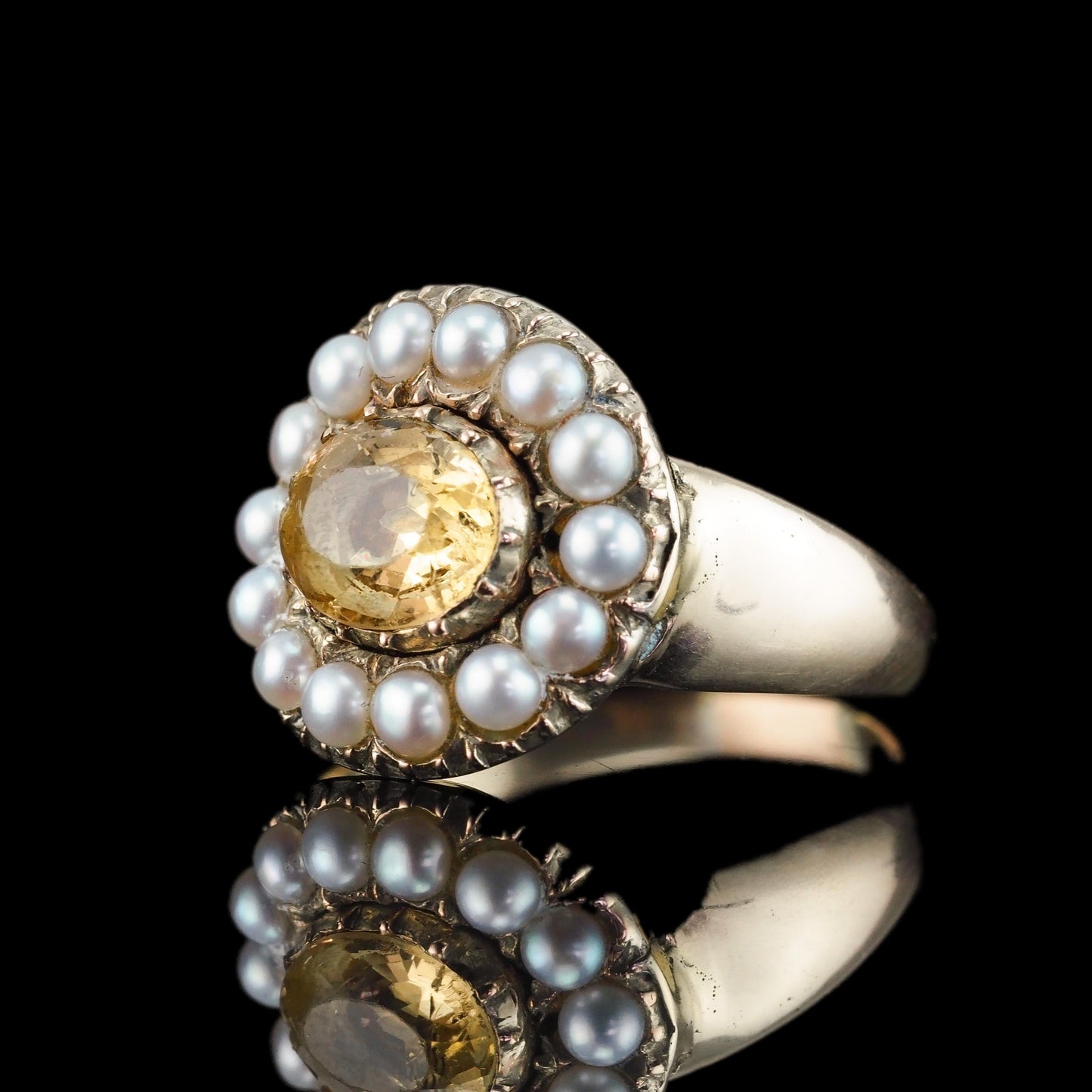 Georgian Antique Citrine and Pearl Cluster Ring