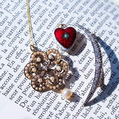 Antique Victorian Diamond & Pearl Pendant Necklace 14K Gold - c.1900